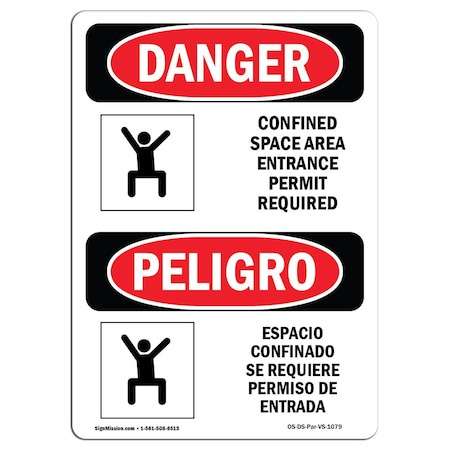 Signmission OSHA Danger, Confined Space Permit Required Bilingual, 10in X 7in Rigid Plastic, OS-DS-P-710-VS-1079 OS-DS-P-710-VS-1079